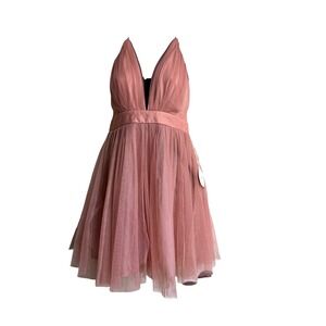 LUXXEL Women's Pink Tulle Plunge Halter Mini Dress Formal Party Cocktail Size M